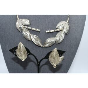 Vintage Germany Silver Tone Leaf Necklace Earring Set Rhinestone 1950s